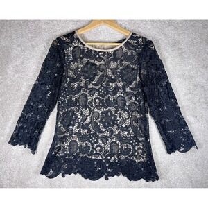 Black Lace Crochet 3/4‎ Sleeve top Women M Y2K Whimsigoth Fairy Feminine Boho